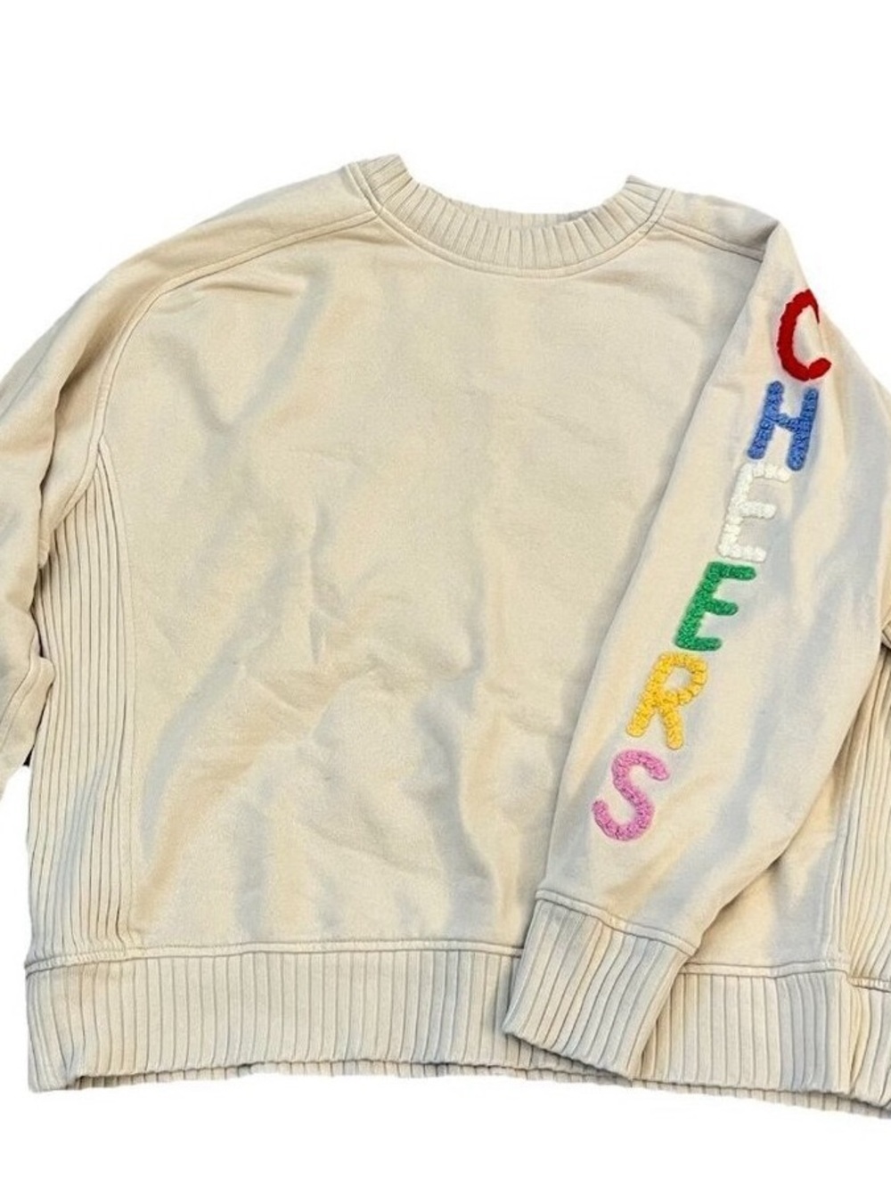 aerie Cream Crewneck Sweatshirt with Multi-Color 'CHEERS' Sleeve